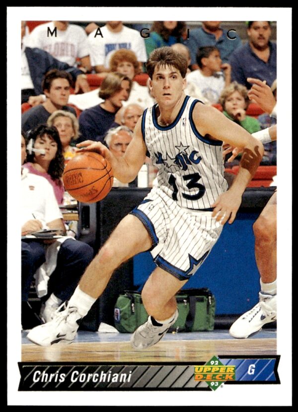 Chris Corchiani 1992-93 Upper Deck Basketball Card #76 shows an intense in-game action shot.