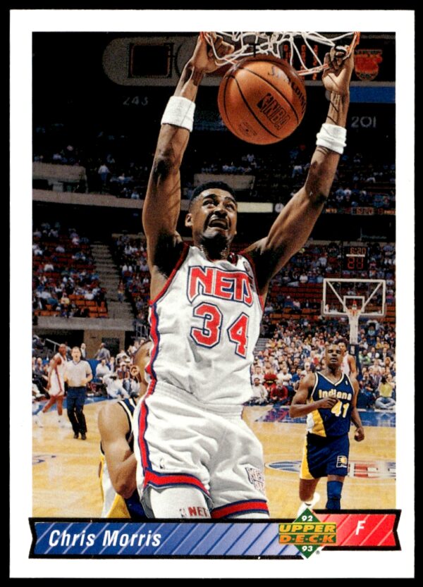 Chris Morris 1992-93 Upper Deck basketball card #129 highlights his on-court action and athletic skill.