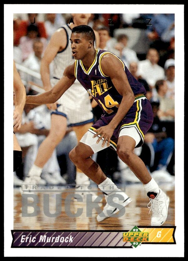 Front of 1992-93 Upper Deck card featuring Eric Murdock, Milwaukee Bucks, dribbling.
