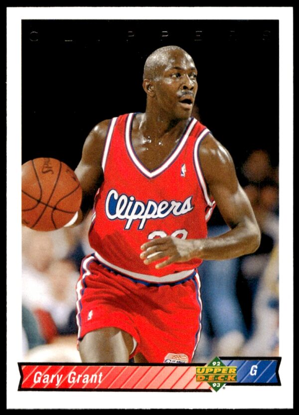 Gary Grant 1992-93 basketball card #203 with player action shot and stats.