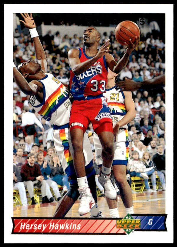 Hersey Hawkins 1992-93 Upper Deck Card #187 in Philadelphia 76ers Uniform.
