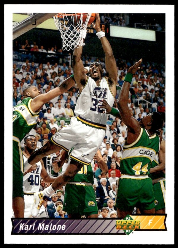 Karl Malone Upper Deck 1992-93 card #112, featuring Utah Jazz action shot.