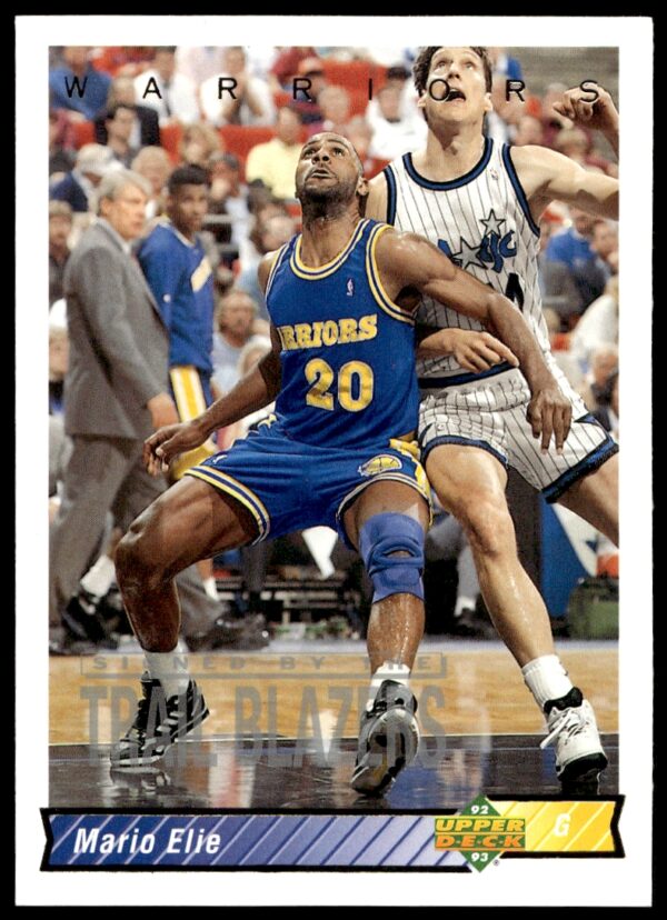 Front view of 1992-93 Upper Deck Mario Elie basketball card featuring action shot.