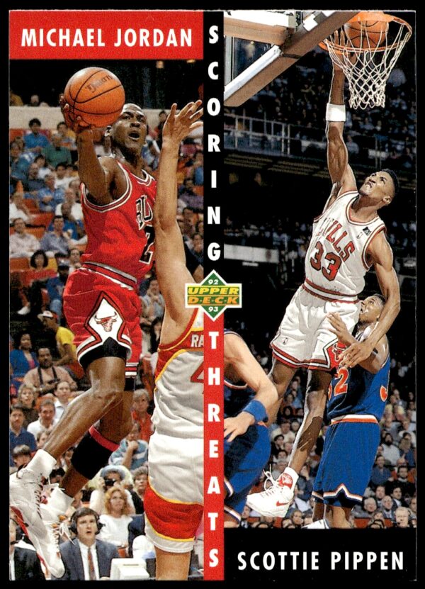 1992-93 Upper Deck Card #62: Jordan and Pippen in action, Chicago Bulls stars.