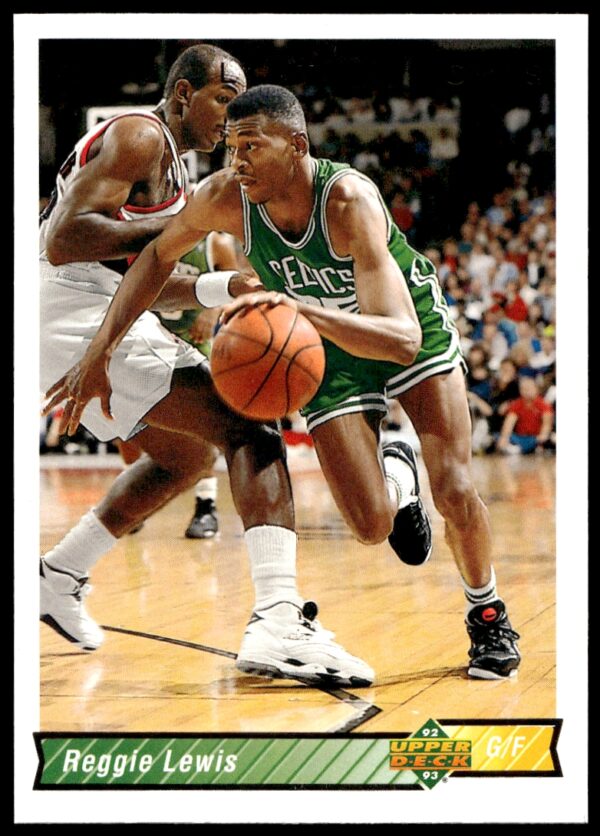 Front view of 1992-93 Upper Deck basketball card featuring Reggie Lewis in Boston Celtics uniform.
