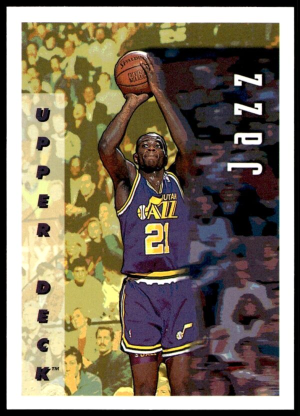 1992-93 Utah Jazz player action card, highlighting team colors and dynamic skills.