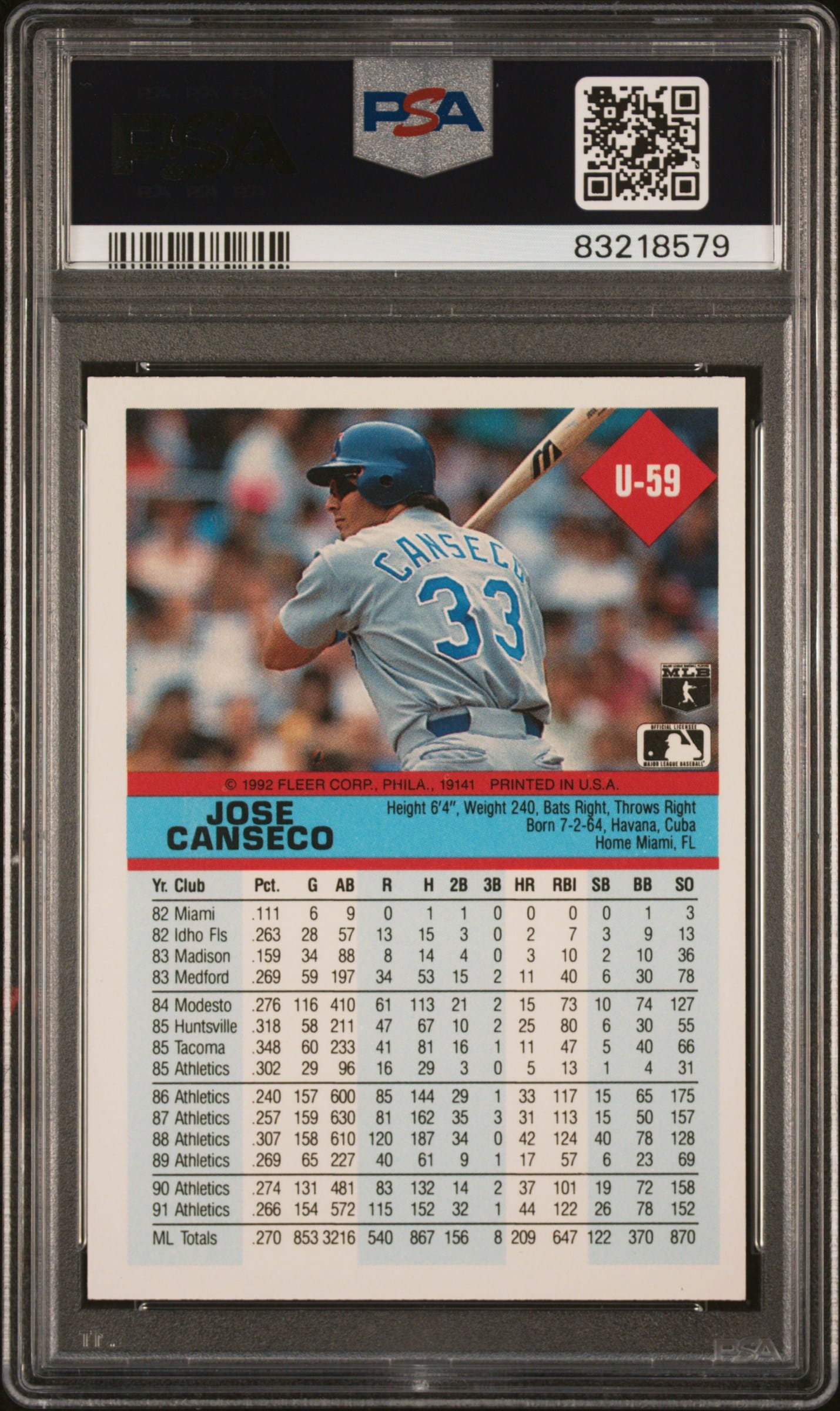 Jose Canseco 1992 Fleer Update baseball card in PSA case, graded 10, back view.