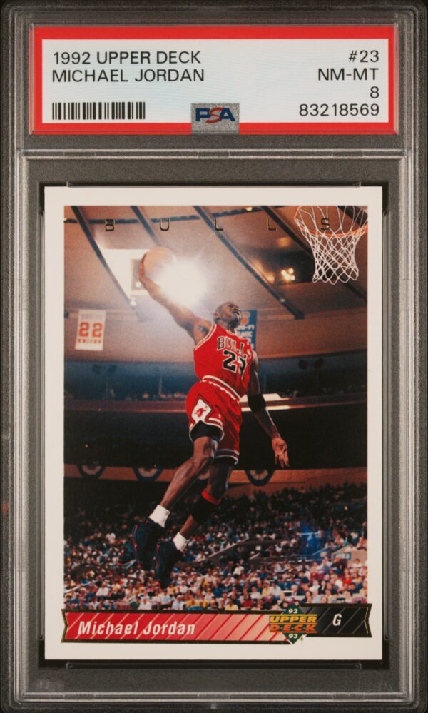 Michael Jordan 1992 Upper Deck PSA 8 basketball card in protective case, iconic collectible.
