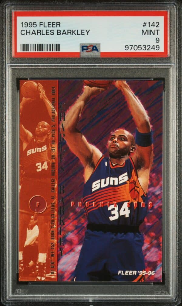 PSA 9 1995 Fleer Charles Barkley #142 basketball card, featuring an action shot on front.