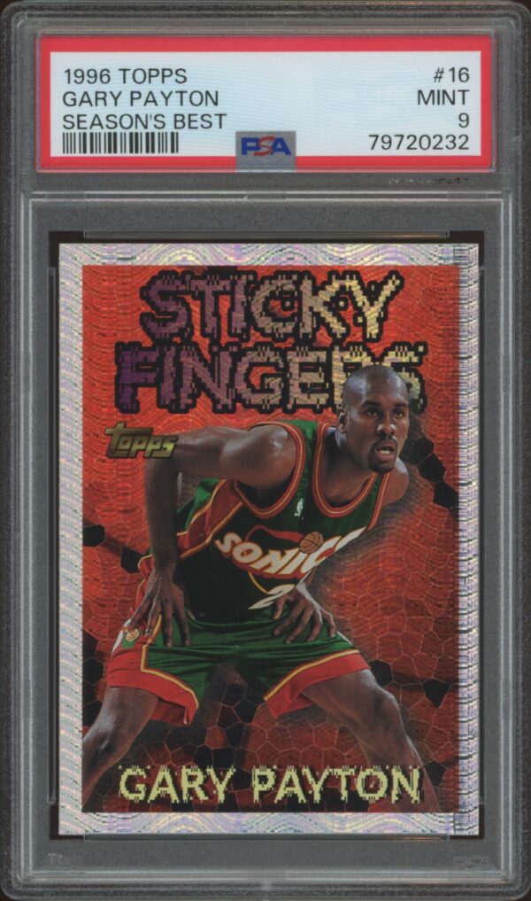 PSA 9 Gary Payton Sticky Fingers 1996 Topps Card with red foil background.