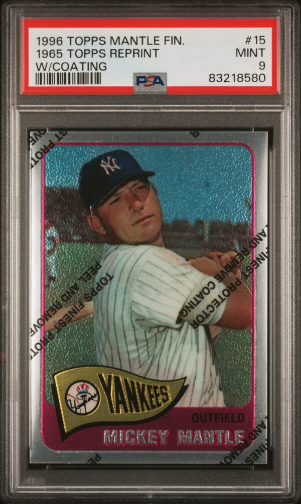 Mickey Mantle 1996 Topps 1965 reprint in PSA mint case, Yankees uniform.