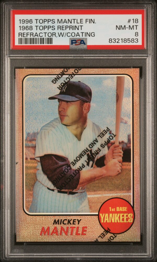 1956 Topps Mickey Mantle card, PSA graded Near Mint, in Yankees uniform, orange border.