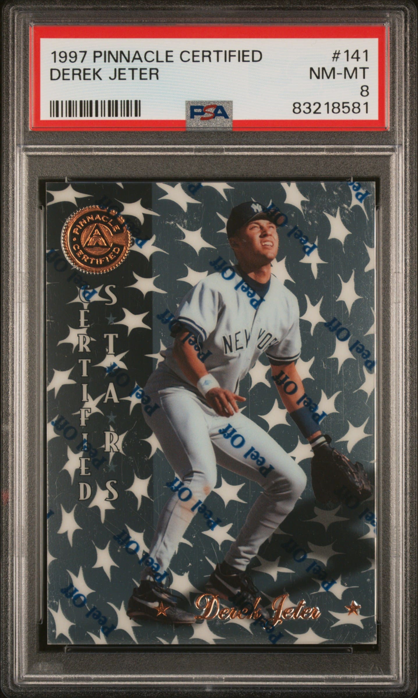 1997 Pinnacle Certified Derek Jeter baseball card, PSA 8, Yankees uniform, starry background.