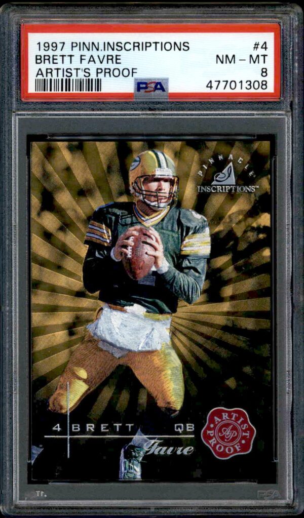 1997 Brett Favre Artists Proof Football Card, PSA 8, Pinnacle Inscriptions Series.