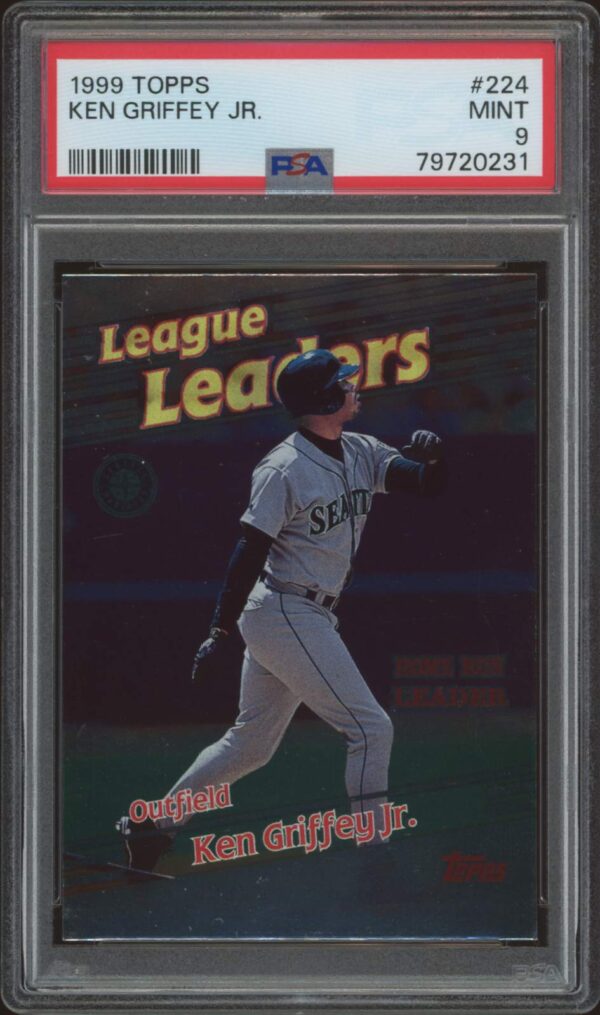 Ken Griffey Jr. 1999 Topps League Leaders PSA 9 baseball card in Mariners uniform mid-swing.