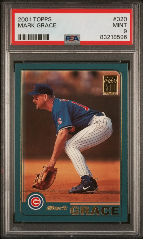 2001 Topps Mark Grace #320 baseball card, PSA 9 mint, Chicago Cubs, teal border.