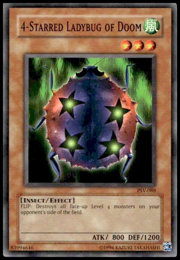 2002 Yu-Gi-Oh! 4-Starred Ladybug of Doom card poster featuring vibrant Pharaohs Servant artwork.