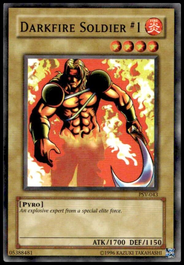 2002 Yu-Gi-Oh! Darkfire Soldier #1 card featuring fiery warrior from Pharaohs Servant set.