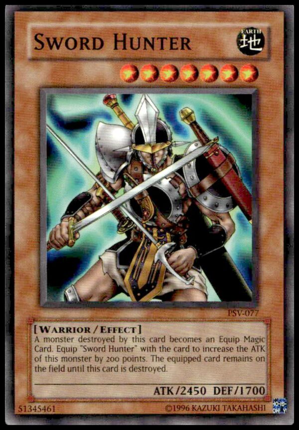 2002 Yu-Gi-Oh! Sword Hunter PSV-077 card, Pharaohs Servant set, featuring action-packed artwork.