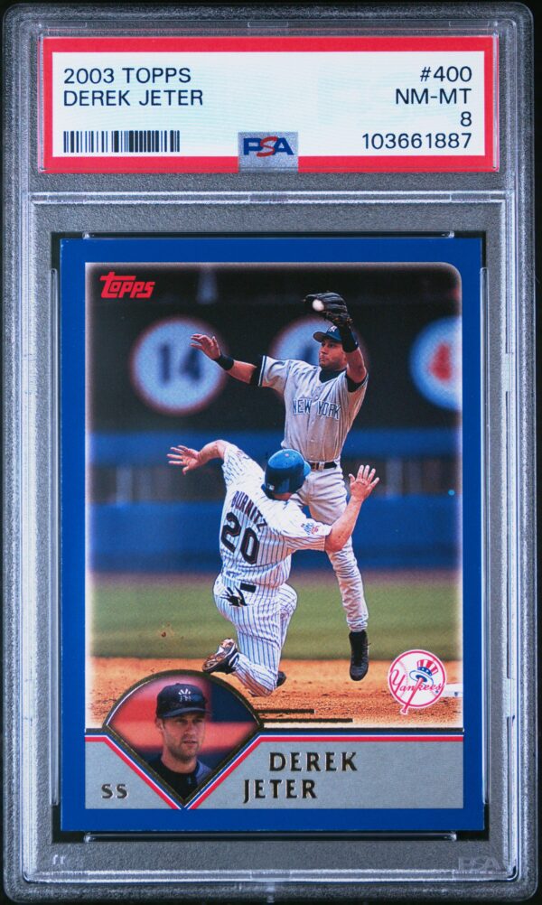 Derek Jeter 2003 Topps card #509, PSA graded 8, in protective case.