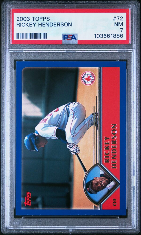Rickey Henderson 2003 Topps baseball card, PSA 7, featuring him in batting stance.