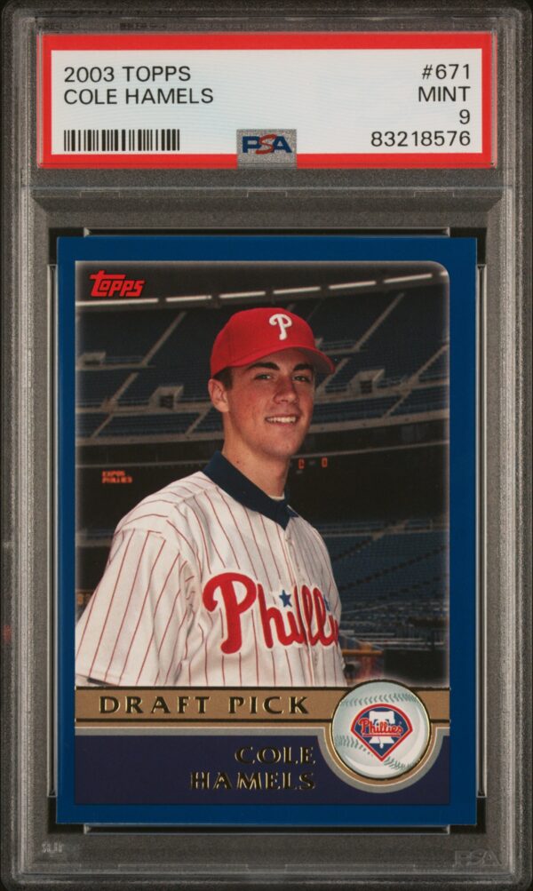 Cole Hamels 2003 Topps Rookie Card PSA 9 MINT in protective case.
