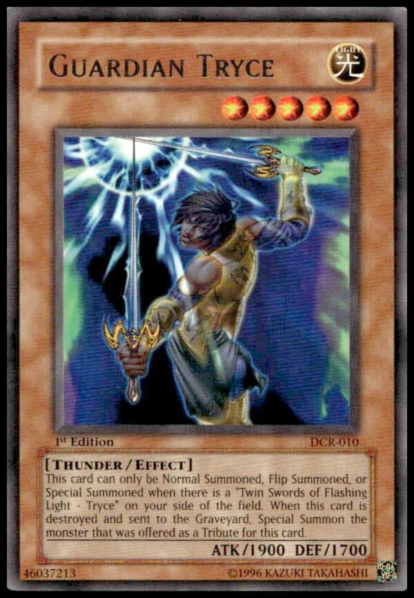 Front of 2003 Yu-Gi-Oh! Dark Crisis 1st Edition Guardian Tryce Card #DCR-010.