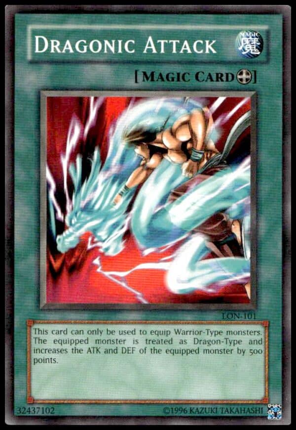 Yu-Gi-Oh! 2003 Labyrinth of Nightmare Dragonic Attack card, #LON-EN101, dragon-themed artwork.