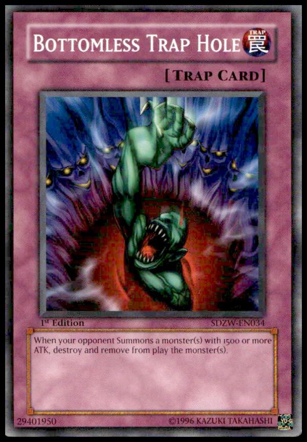 Front view of 2003 Yu-Gi-Oh! Legacy of Darkness Bottomless Trap Hole trading card.