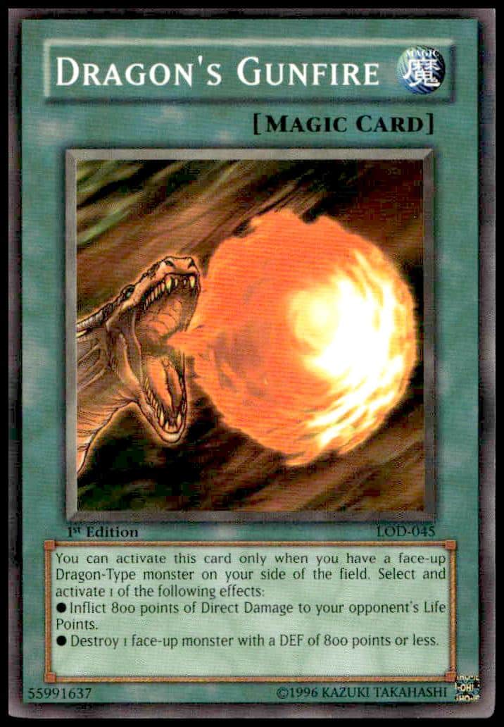 2003 Yu-Gi-Oh! Dragons Gunfire card unleashing fiery blast, strategic duel impact.