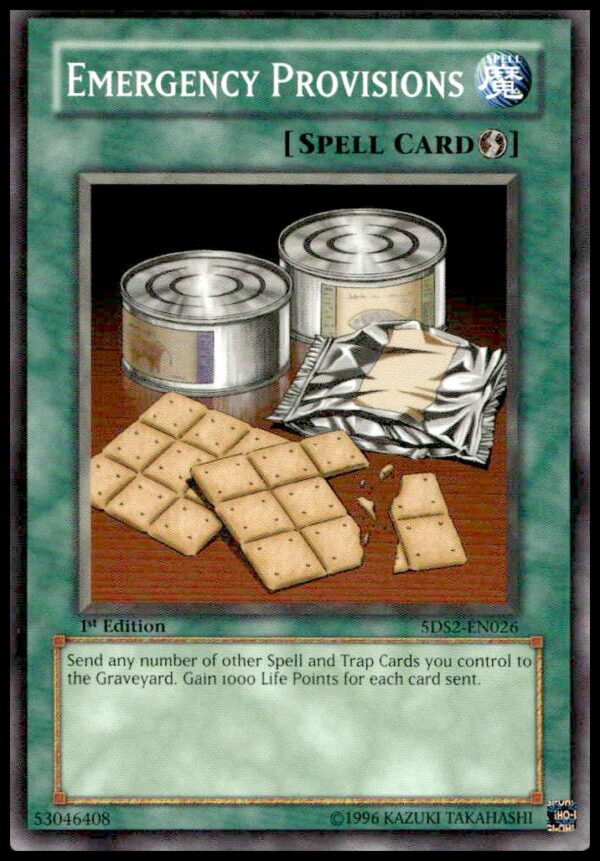 2003 Yu-Gi-Oh! Emergency Provisions card from Legacy of Darkness, 1st Edition, front view.