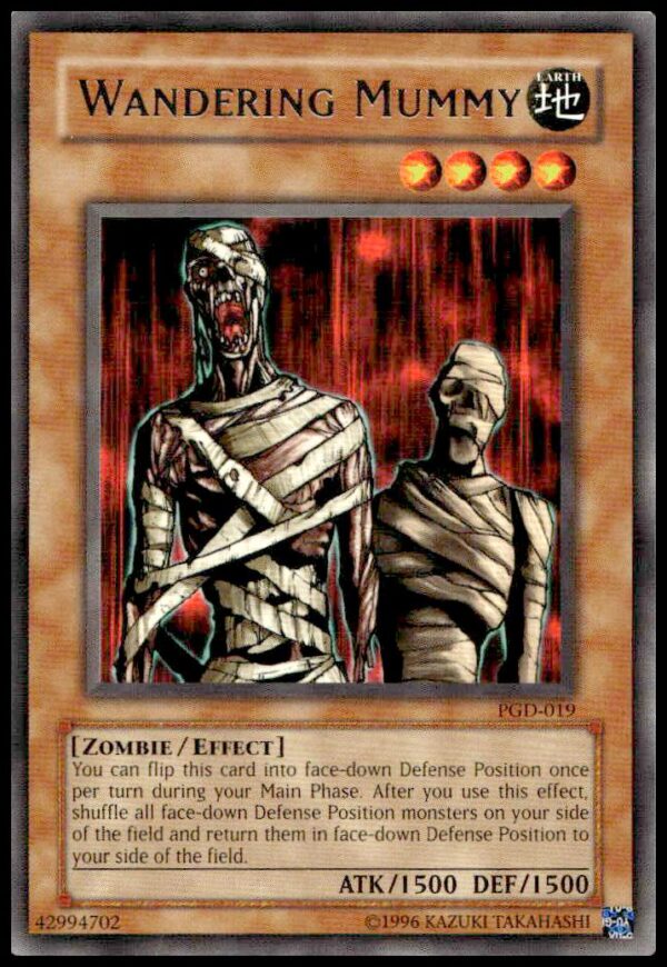 2003 Yu-Gi-Oh! Wandering Mummy card, Pharaonic Guardian #PGD-019, front view with hieroglyphs.