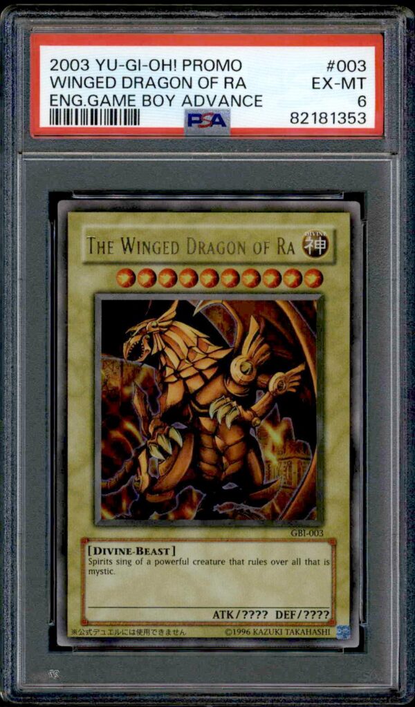 2003 Yu-Gi-Oh! Winged Dragon of Ra GBA Card #GBI-003, PSA 6 Graded, Front View.