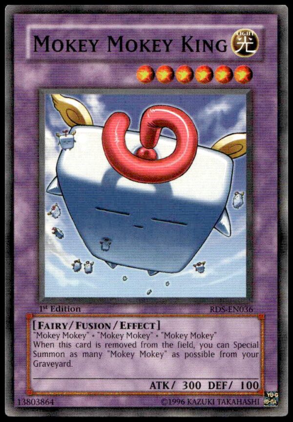 2004 1st Edition Yu-Gi-Oh! Mokey Mokey King card from Rise of Destiny set, front view.
