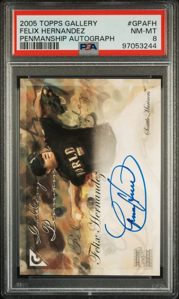 Felix Hernandez 2005 Topps Gallery autograph card, PSA 8 grade, action shot.