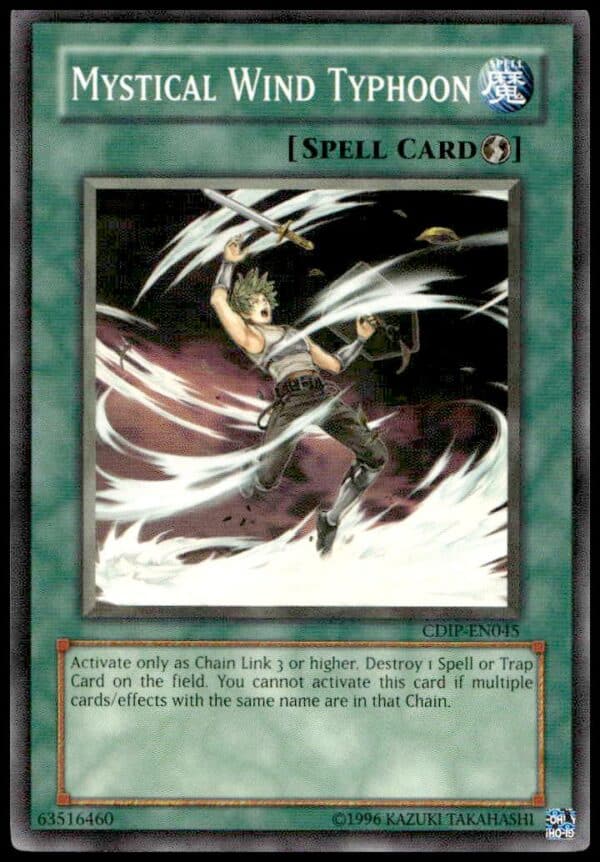 Mystical Wind Typhoon Yu-Gi-Oh! card from 2006, featuring swirling magical wind artwork.
