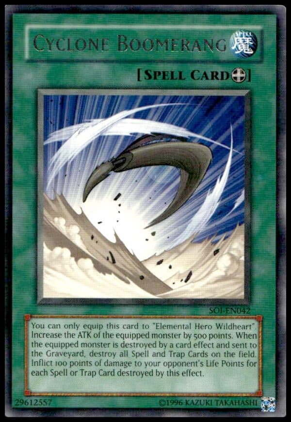 Cyclone Boomerang Yu-Gi-Oh! 2006 card from Shadow of Infinity series, artwork features wind.