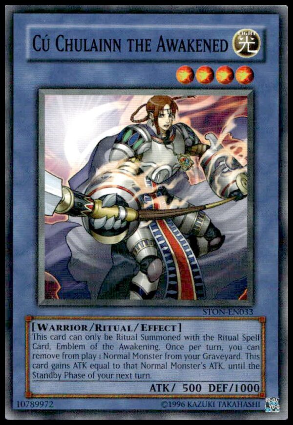 Yu-Gi-Oh! 2007 Strike of Neos Cu Chulainn the Awakened card, #STON-EN033, front view.