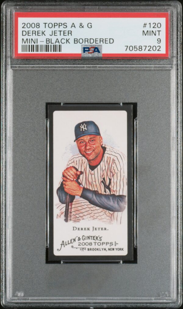 2008 Topps Allen & Ginter Derek Jeter PSA 9 baseball card in Yankees uniform.