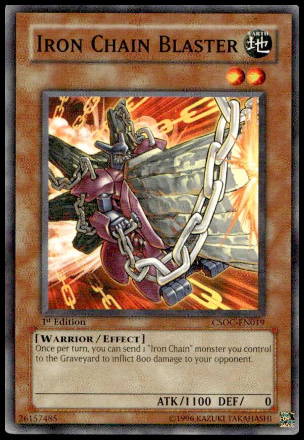 Front view of 2008 Yu-Gi-Oh! Iron Chain Blaster card from Crossroads of Chaos set.