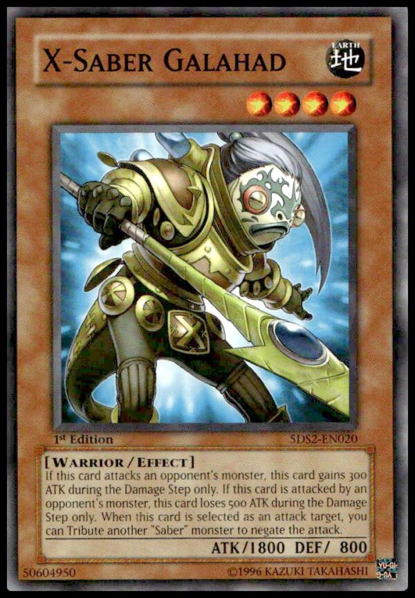 Yu-Gi-Oh! 5Ds 2009 X-Saber Galahad card, 1st Edition, warrior action pose.