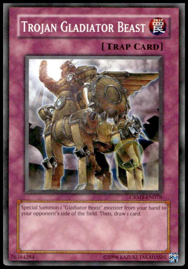 2009 Yu-Gi-Oh! Trojan Gladiator Beast card #CRMS-EN078, featuring an armored beast warrior.