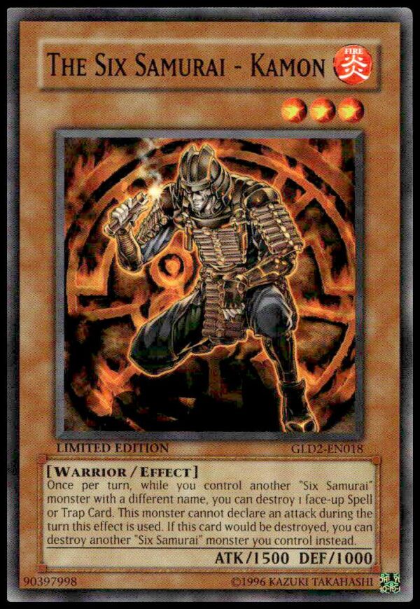 Six Samurai Kamon Yu-Gi-Oh! 2009 Gold Series card GLD2-EN018, featuring dynamic samurai artwork.