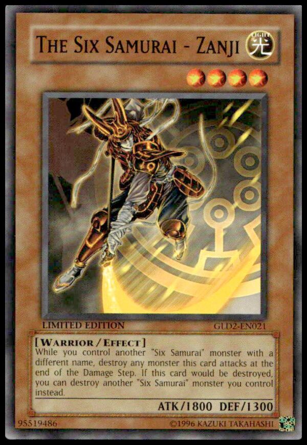 Yu-Gi-Oh! 2009 Gold Series Zanji card showcasing The Six Samurai in action.