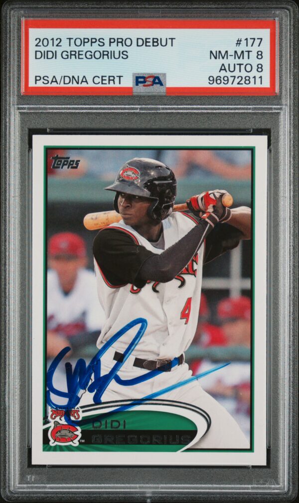 Autographed 2012 Didi Gregorius Topps Pro Debut card, PSA 8, vibrant collectible.