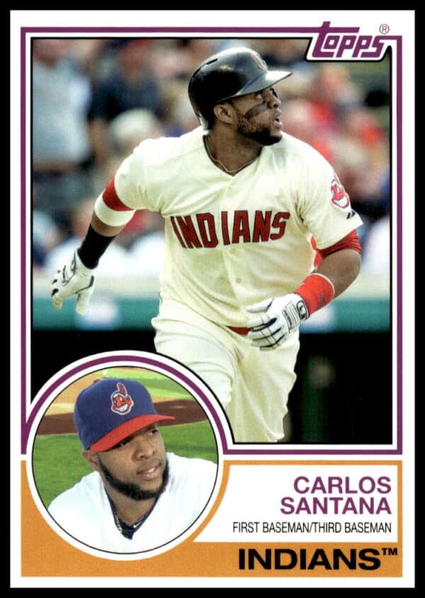 2015 Topps Archives Carlos Santana baseball card #210 front, depicting mid-swing in Cleveland uniform.