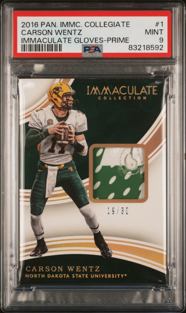 2016 Carson Wentz Immaculate Rookie Card, PSA 9, game-used patch, limited edition.