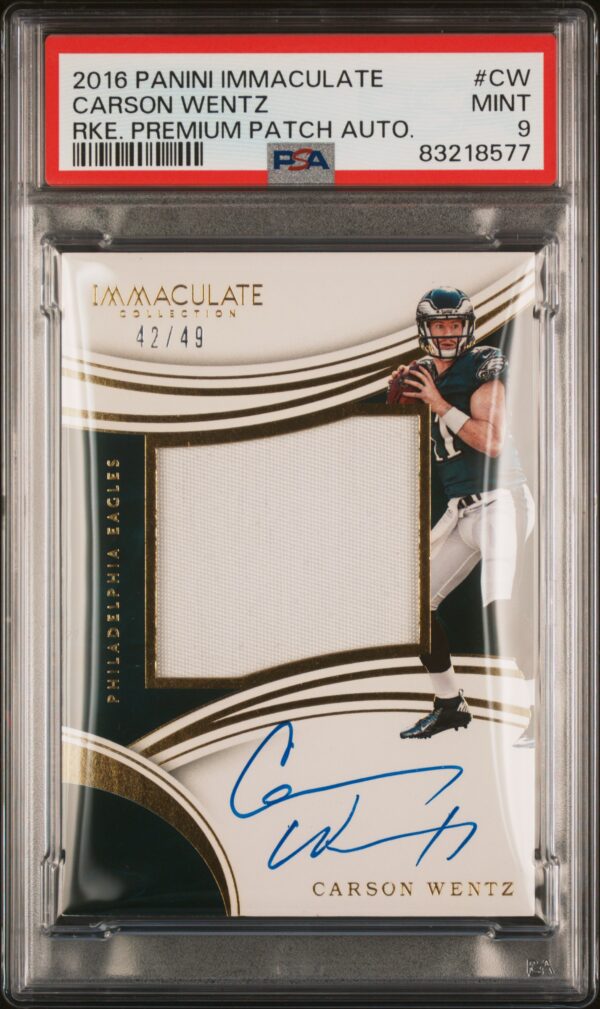 2016 Carson Wentz Rookie Patch Autograph Card PSA 9 by Panini Immaculate Collection.
