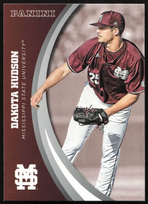 Dakota Hudson 2016 Panini card, Mississippi State, college uniform, player #66 pitching action.