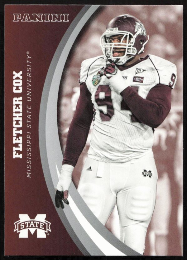 Front view of 2016 Panini Mississippi State trading card featuring Fletcher Cox, number 18.